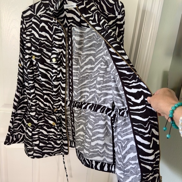 Calvin Klein Linen Jacket Zebra Striped Unlined Convertible Sleeves - Picture 4 of 6